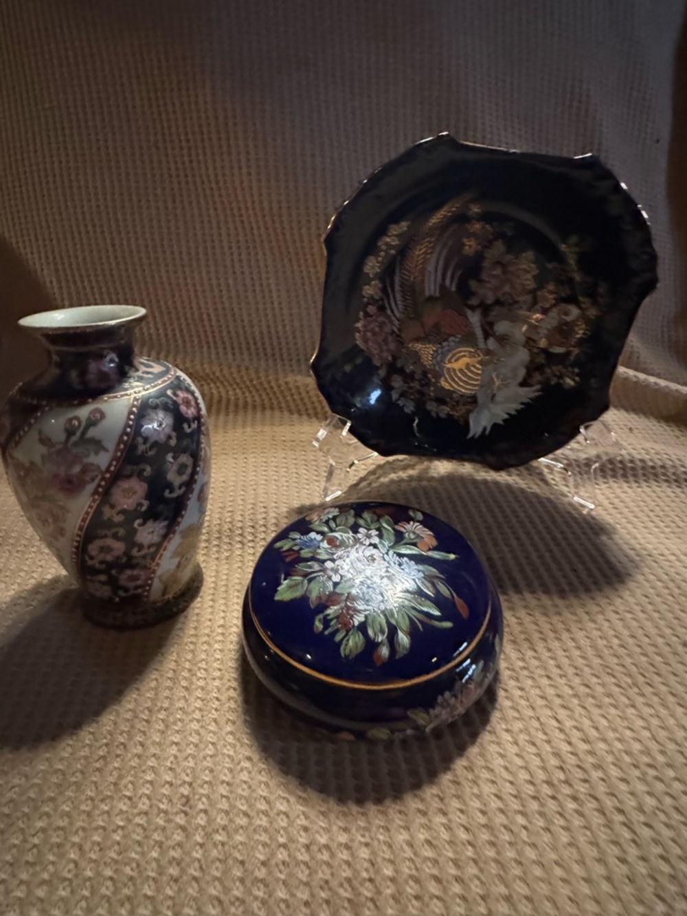Trio Cobalt Blue Floral Enamel Trinket Box, Vase & Plate